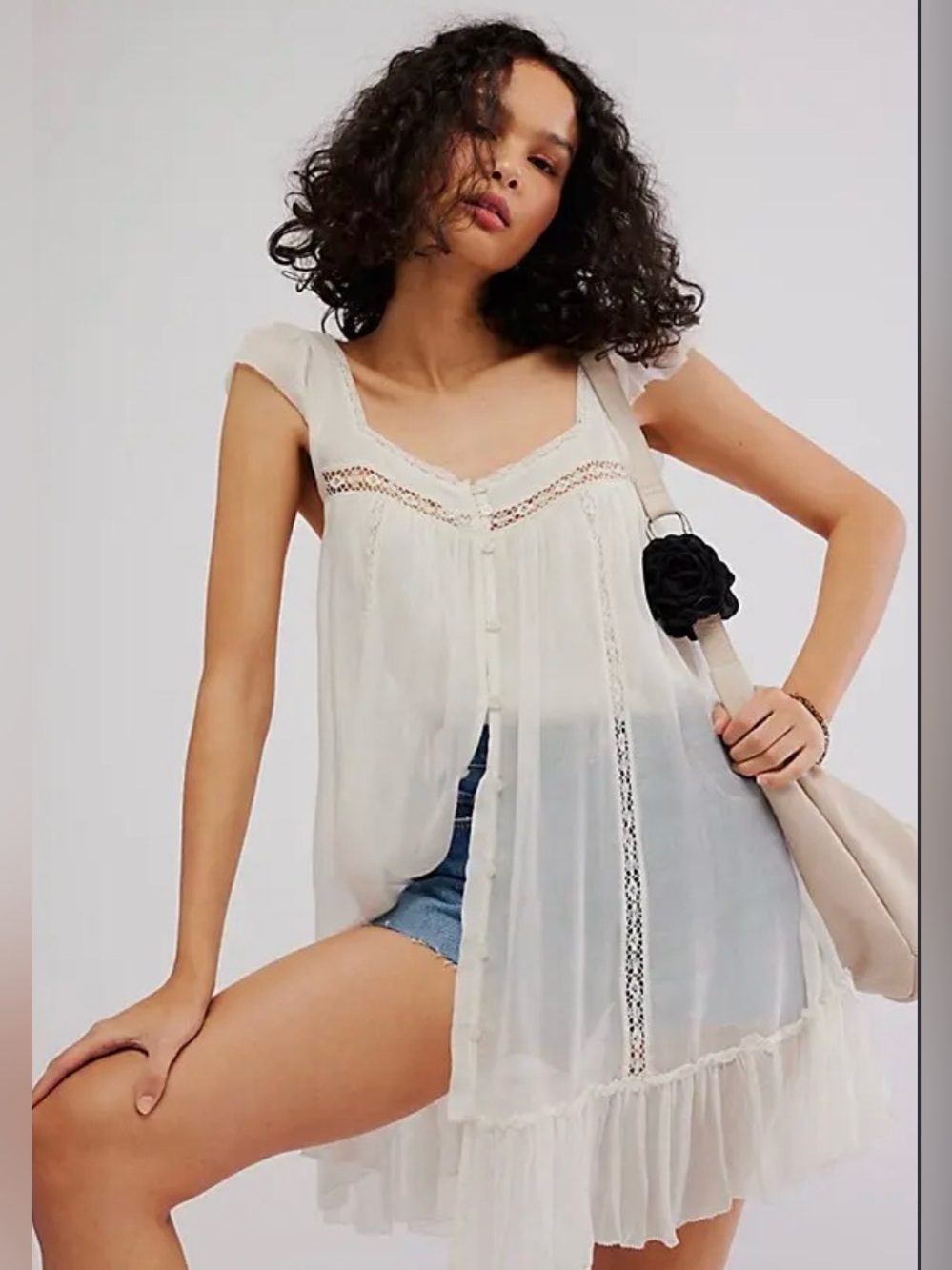 Free People FP One Olivia Mini Dress Ivory Lace Ruffle Boho Size M